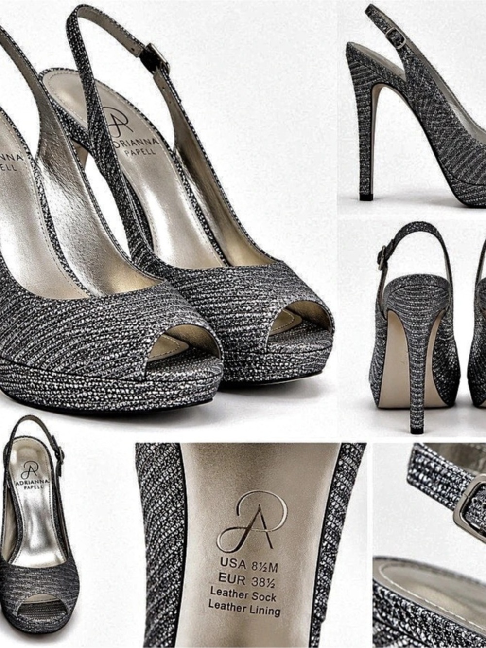 Adrianna Papell Silver Glitter Platform Slingback Heels US 8.5
